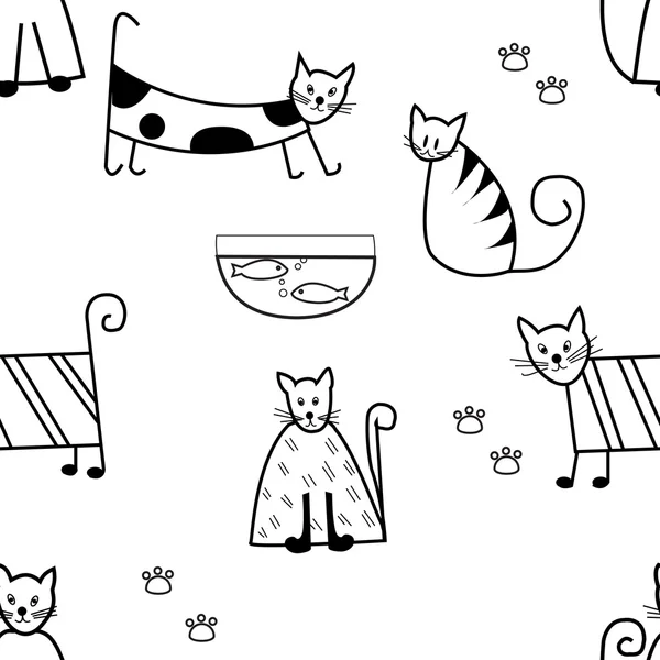 Modèle sans couture de chats drôles, design mignon chat noir et blanc — Image vectorielle