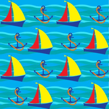 Doodle tarzında deniz elemanları ile parlak dikişsiz desen. 