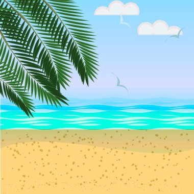 Deniz manzara palm ile yaprak, plaj, güzel deniz, mavi gökyüzü yaz vektör