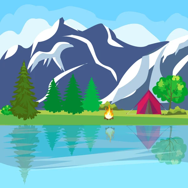 Vector paisagem de verão com floresta, montanhas e lago em um fundo azul céu nublado — Vetor de Stock