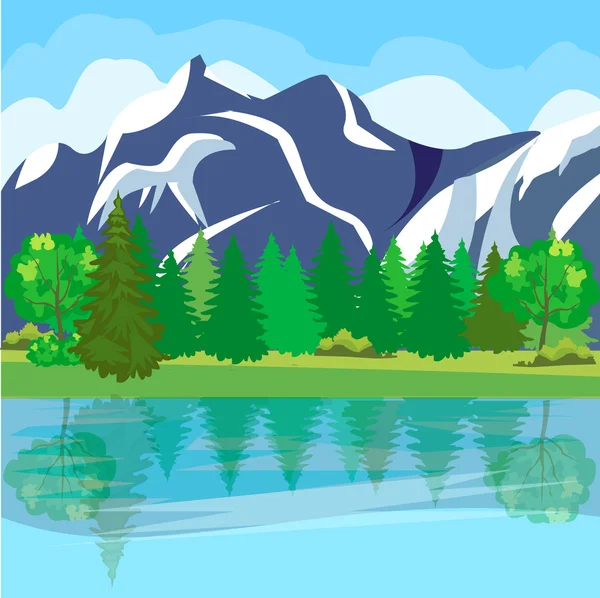 Paysage estival vectoriel avec forêt, montagnes et lac sur fond bleu ciel nuageux — Image vectorielle