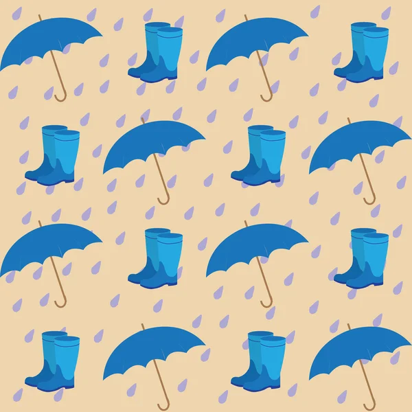 Patrón sin costuras en el fondo de las gotas de lluvia paraguas y botas de goma — Vector de stock