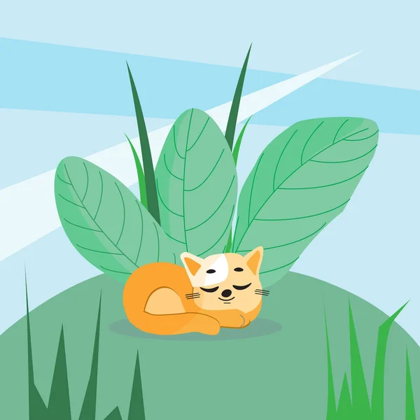 Schlafendes Süßes Kätzchen Auf Pflanzlichem Hintergrund Vektorillustration — Stockvektor