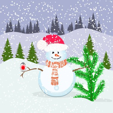 Kış manzarası, neşeli kardan adam ve Noel ağacı ile karla kaplı bir düzlükte ispinoz, bayram dönemi Yeni Yıl ve Noel, düz çizim