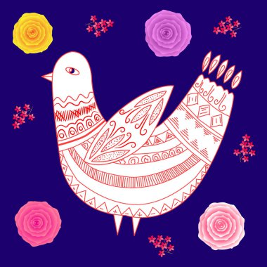 İskandinav tarzı halk sanatlarında tasarım kartları, afişler, posterler için fantastik bir kuştur. vektör illüstrasyonu