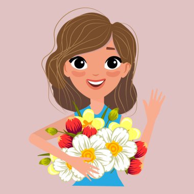 Bir buket çiçekli güzel bir kız, kartpostallar, afişler, selamlar için bir illüstrasyon. Düz biçimdeki vektör illüstrasyonu