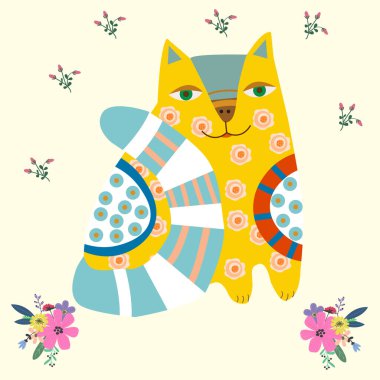 Kartpostal, pankart, poster ve hatıra eşyası tasarımı için halk sanatı tarzında fantastik boyanmış kedi.