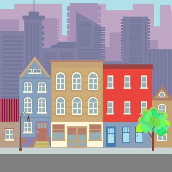 City vector illustration. City downtown landscape with skyscraper silhouettes. Design for mobile app, computer game. Low rise apartment buildings on background of sky. Modern town architecture