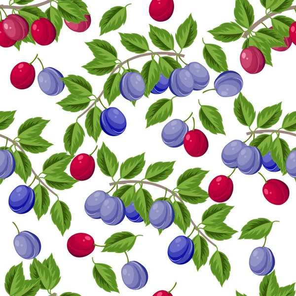 Δαμάσκηνο Κλαδί Φύλλα Και Ώριμα Φωτεινά Μοβ Και Μπλε Φρούτα — Διανυσματικό Αρχείο