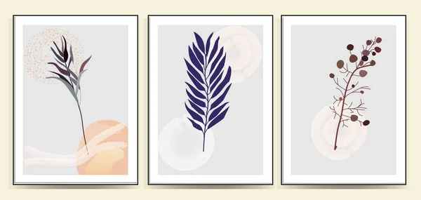 Yapraklarla soyut bileşim olarak minimalizm botanik vektör çizimi seti. Sanat galerisi için ideal. Modern duvar resimleri posteri. minimal iç tasarım