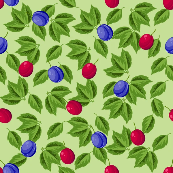 Δαμάσκηνο Κλαδί Φύλλα Και Ώριμα Φωτεινά Μοβ Και Μπλε Φρούτα — Διανυσματικό Αρχείο