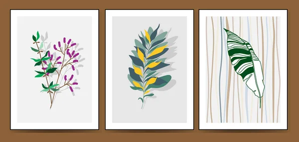 Yapraklarla soyut bileşim olarak minimalizm botanik vektör çizimi seti. Sanat galerisi için ideal. Modern duvar resimleri posteri. minimal iç tasarım