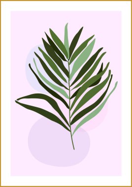 Bir sanat galerisi için arka planda palmiye yaprakları olan soyut bir kompozisyonun botanik vektör çizimi, duvarda poster, minimal iç tasarım