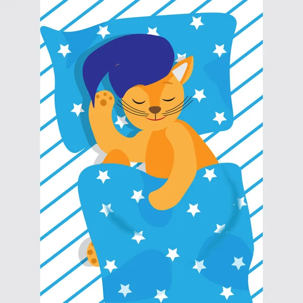 Lindo Gato Duerme Una Sábana Rayas Una Almohada Estrella Cubierta — Vector de stock