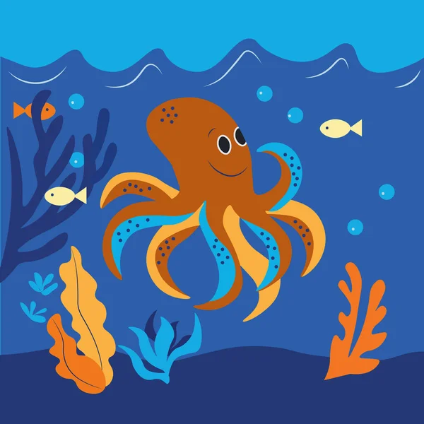 Ilustración Vectorial Pulpo Alegre Vive Mar Azul Profundo — Vector de stock