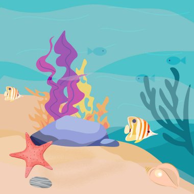 Deniz yatağı, kum ve taşlar, güzel deniz yaşamı, parlak balıklar ve mercanlar. Vektör illüstrasyonu