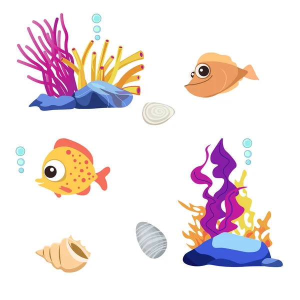 Conjunto Habitantes Del Mar Peces Plantas Animales Corales Aislados Sobre — Vector de stock