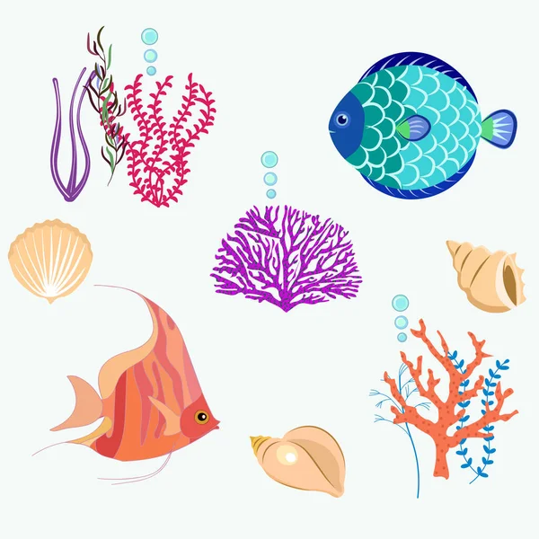 Conjunto Habitantes Del Mar Peces Plantas Animales Corales Aislados Sobre — Vector de stock