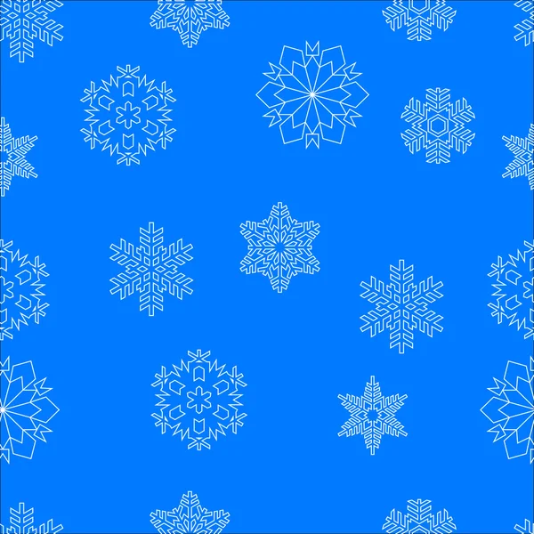 Patrón sin costuras de copos de nieve blancos sobre un fondo azul — Vector de stock