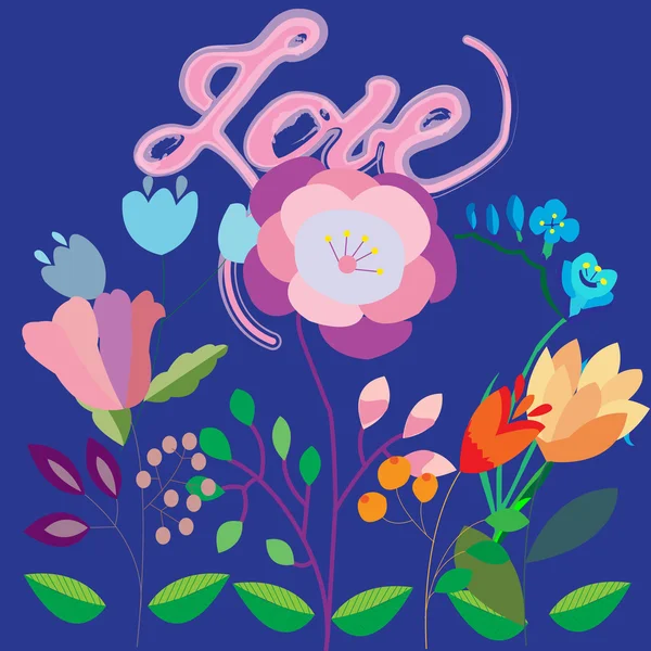 Vetor escrito à mão - "amor" doodles texto com decoração floral —  Vetores de Stock