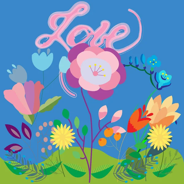 Vetor escrito à mão - "amor" doodles texto com decoração floral — Vetor de Stock