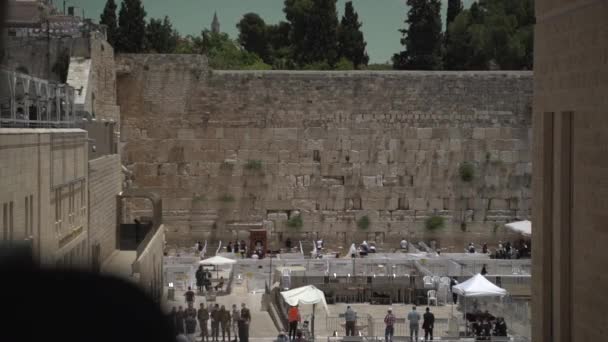 Een menigte Joodse gebeden aan de westelijke muur van Kotel in Jeruzalem, Israël. Zijaanzicht lange schot van mensen bidden en aanbidden van God in Cotel Oost Jeruzalem, oude stad Koning David stad — Stockvideo