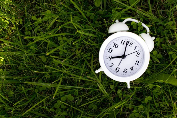 Primer Plano Reloj Despertador Rwhite Sobre Fondo Hierba Verde Concepto —  Fotos de Stock