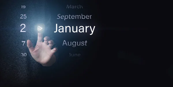 Januari Hari Bulan Tanggal Kalender Klik Tangan Ikon Bercahaya Play — Stok Foto