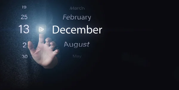 12月13日1月13日 日历日 在深蓝色背景上手动单击明亮的图标Play和Date 冬季月 年月日概念 — 图库照片