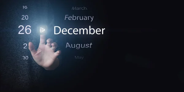 12月26日月26日 历法日期 在深蓝色背景上手动单击明亮的图标Play和Date 冬季月 年月日概念 — 图库照片