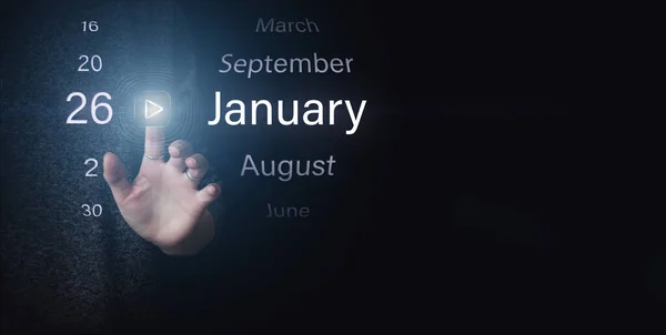 1月26日 月の26日 カレンダーの日付 濃い青の背景にある明るいアイコンの再生と日付を手でクリックします 冬の月 その年のコンセプトの日 — ストック写真