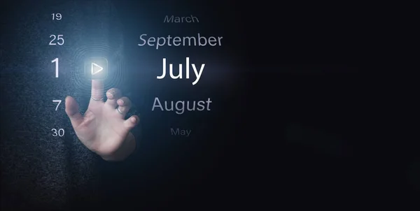 Pierwszy Lipca Dzień Miesiąca Data Kalendarza Kliknij Ręcznie Świecącą Ikonę — Zdjęcie stockowe