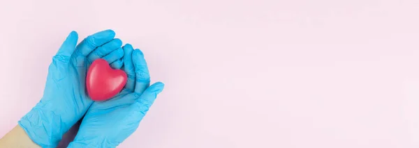 Doctor hands with blue medical gloves holding red heart, medical insurance concept. Symbol of the heart in the hands of a doctor on pink background