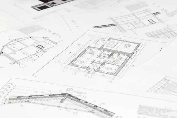 High Angle View Architectural Plans Architectural Design Projects Concept Paper — Stock Photo, Image