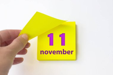 November 11st . Day 11 of month, Calendar date. Hand rips off the yellow sheet of the calendar. Autumn month, day of the year concept