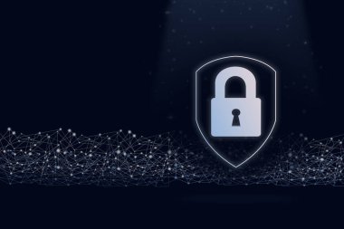 Sanal hologram asma kilit gösteriliyor. Koyu mavi arkaplan üzerinde dijital çizgi ile veri kişisel bilgileri korunuyor