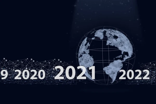 暗青色の背景に仮想ホログラム世界2021を表示します 2021年のコンセプト 個人情報の保護 — ストック写真