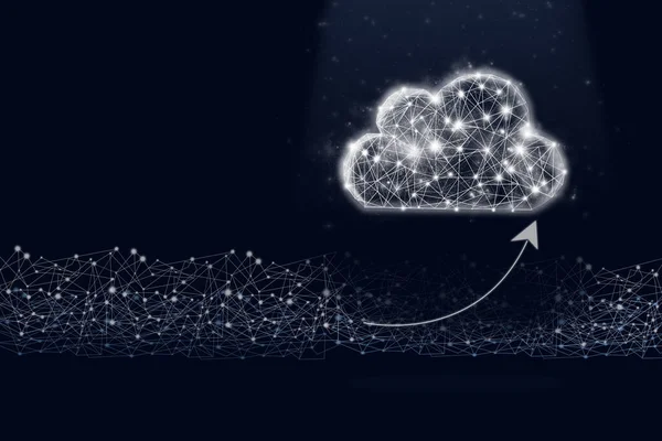 Düşük polimetrik buluta kadar ok koyu mavi arka planda hesaplanıyor. Ağda bulut depolama ile çalışma kavramı