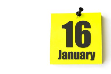 16 Ocak. Ayın 16 'sı, takvim tarihi. Takvimin sarı sayfası. Kış ayı, yılın günü konsepti.