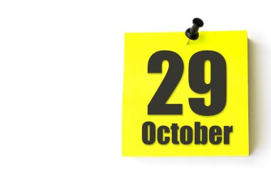 29 Ekim. Ayın 29 'u, takvim tarihi. Takvimin sarı sayfası. Sonbahar ayı, yılın günü konsepti.