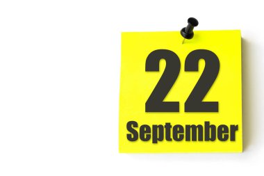 22 Eylül. Ayın 22 'si, takvim tarihi. Takvimin sarı sayfası. Sonbahar ayı, yılın günü konsepti.