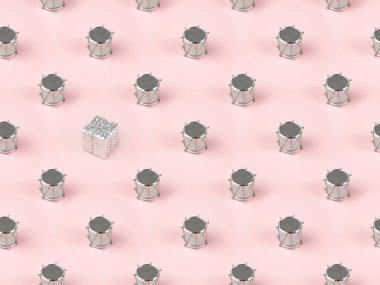 Noel izometrik desenli dekoratif gümüş davul ve hediye kutusuyla. Yeni yıl tatili konsepti