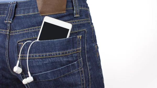 Smartphone Com Uma Tela Transparente Bolso Calça Perto Fones Ouvido — Fotografia de Stock