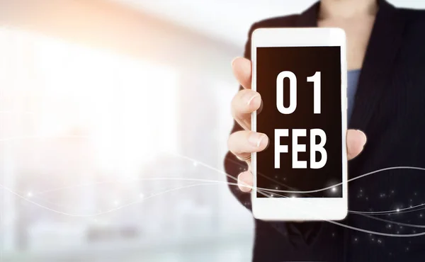 Febrero Día Del Mes Fecha Del Calendario Smartphone Blanco Con —  Fotos de Stock