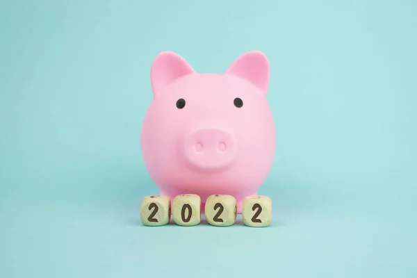 Geometrik tahta blokları olan pembe kumbara mavi arkaplan üzerine 2022 metni ekliyor, tasarruf kavramı. Finans, 2022 yılında tasarruf konsepti