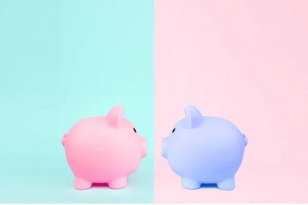 Two Piggy Bank Blue Pink Background Money Saving Future Investment — Foto de Stock