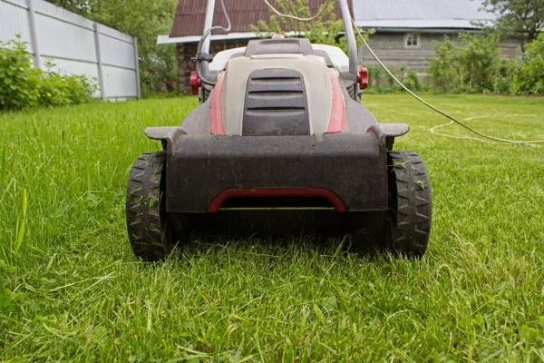 Lawn Mower Lush Green Gardening Background Details Landscaping Gardening — Foto Stock