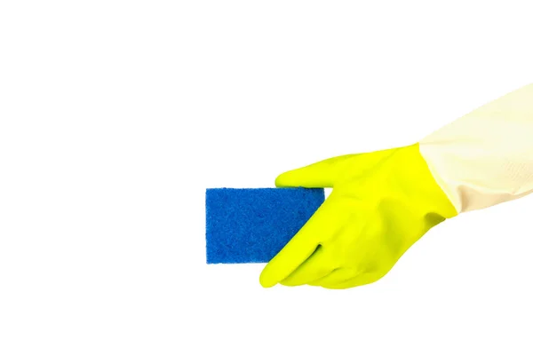 Концепция Весенней Уборки Верхний Вид Руки Желтых Резиновых Перчатках Синей — стоковое фото
