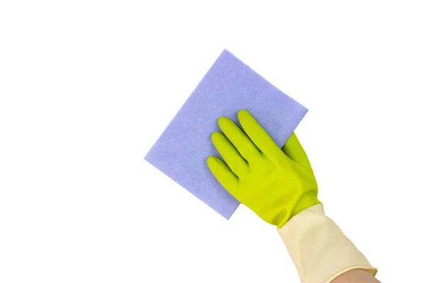 Spring Cleaning Concept Employee Hand Yellow Rubber Protective Glove Wiping — 스톡 사진