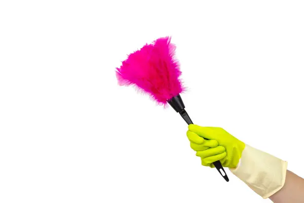 Cleaning Supplies Concept Hand Soft Magenta Duster Synthetic Feather Broom — 스톡 사진